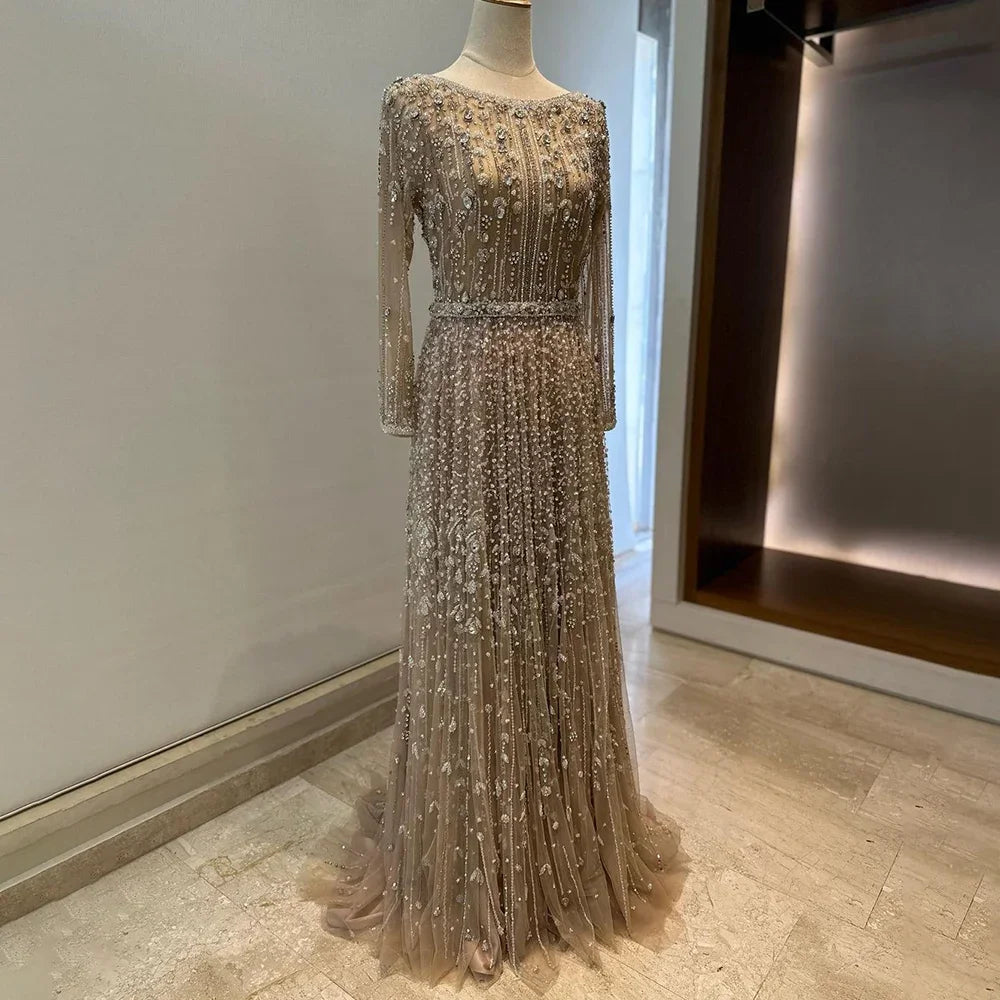 Silk evening dress -Serene Hill Dubai Arabic Designer Luxury Nude A Line Beaded Evening Dresses Gowns For Women Wedding Party 2024 LA72088