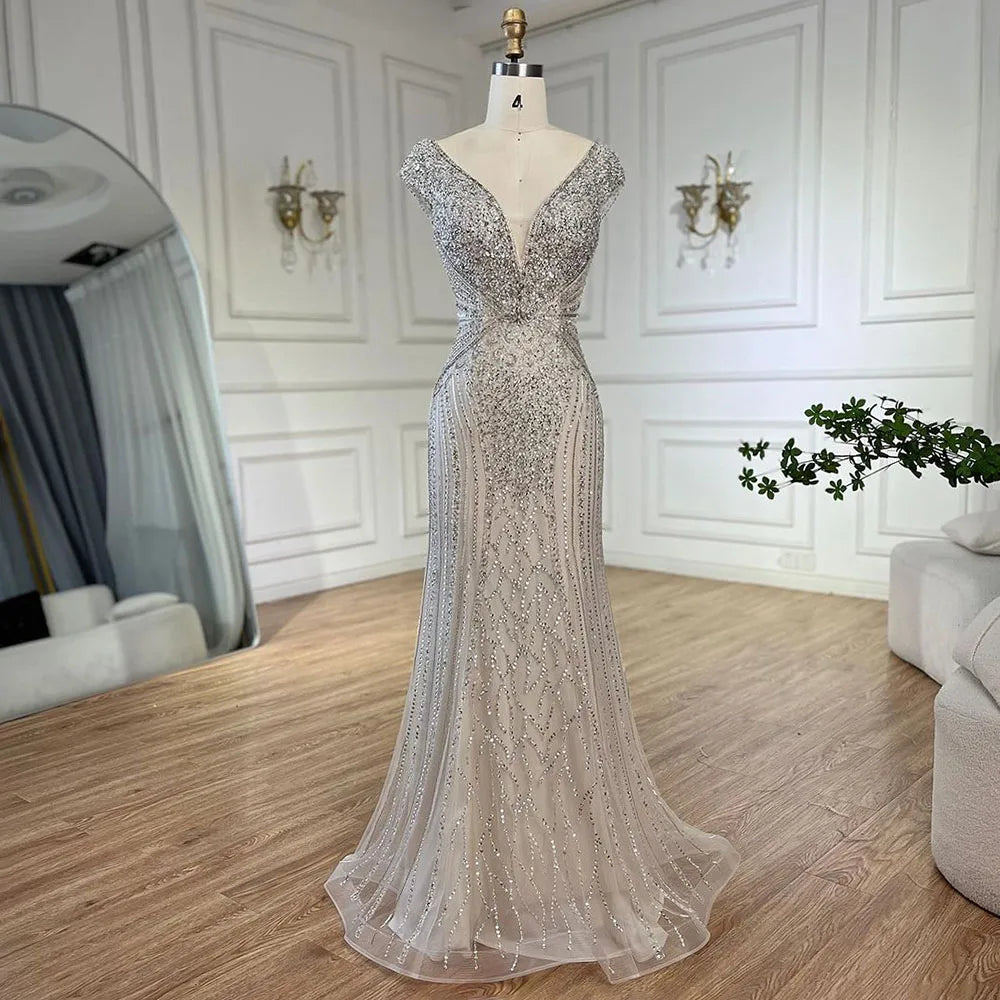 Evening dress with feather details -Serene Hill Dubai Beige Elegant Sleeveles Mermaid Beaded Arabic Evening Dresses Gowns for Women Wedding Party 2024 LA72456