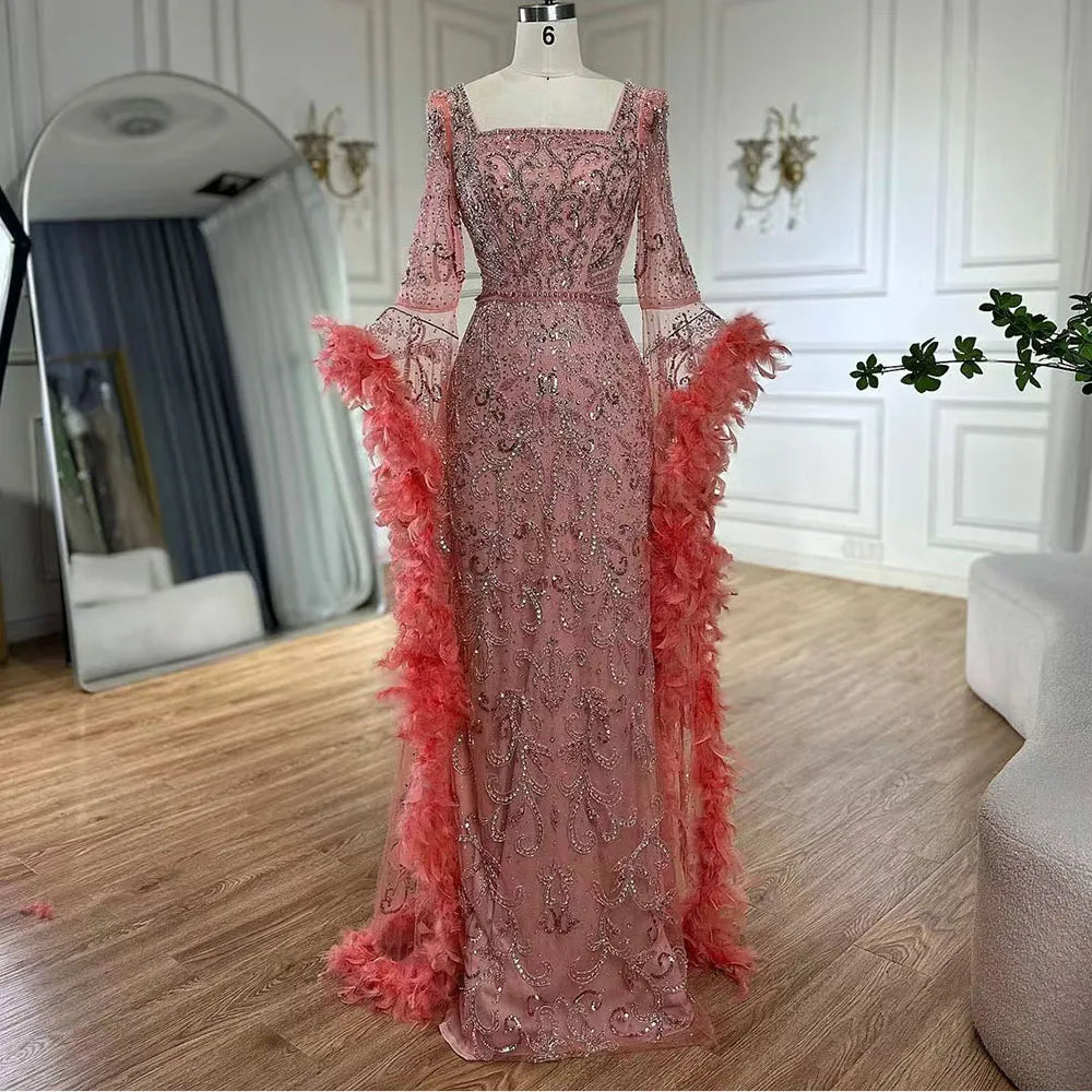 Evening dress with gold accents -Serene Hill  Flared Sleeves Mermaid Peach Beaded Feather Luxury Evening Dresses Gowns for Women's Party 2024 LA72767