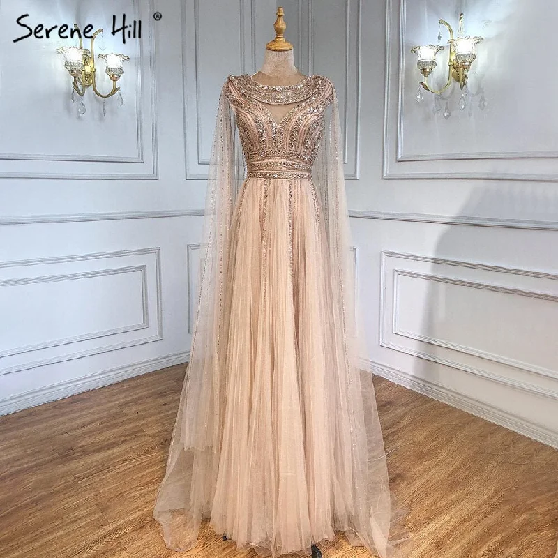 Evening dress with bow tie waist -Serene Hill Gold Cape Sleeves A-Line Evening Dresses Gowns 2024 Luxury Beaded For Women Party LA71315