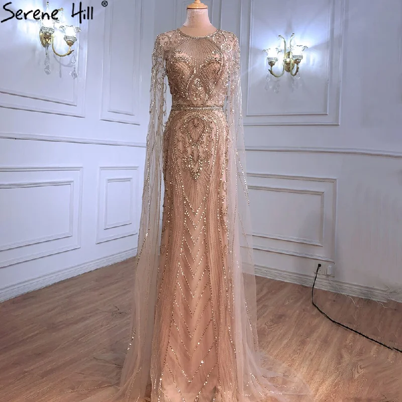 Evening dress with pleats -On Sale  no return no refund Serene Hill Gold Elegant Mermaid Evening Dresses Gowns 2024 Luxury With Cape Sleeves Beading For Women Party LA70970