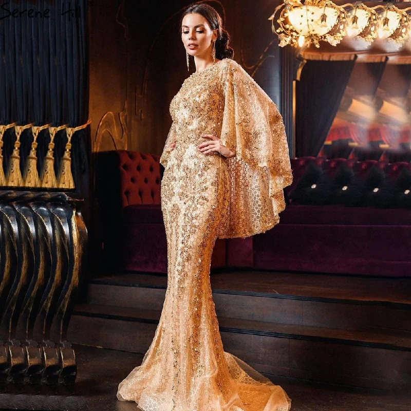 Off-shoulder evening dress -Serene Hill Gold Plus Size  Mermaid Elegant Luxury Evening Dresses Gowns 2024 Pearls Beaded With Cape For Women Party LA70738