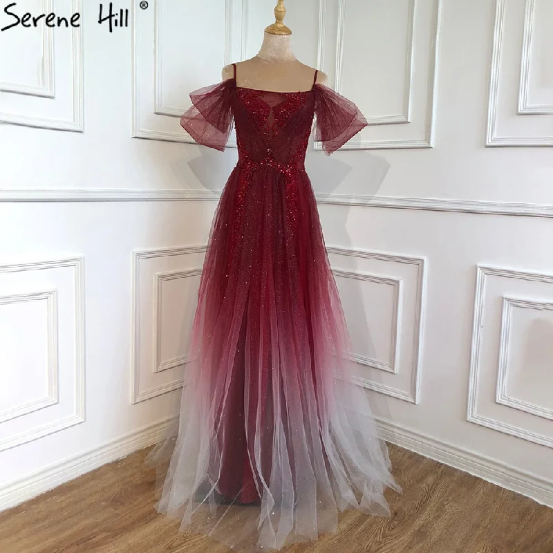 Evening dress for evening wedding -On Sale No Return No Refund  Serene Hill Gradual Wine Red A-Line Evening Gowns 2024 Beaded Spaghetti Strap For Women Party LA70776