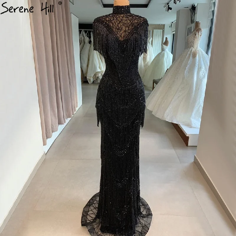 Evening dress for upscale party -Serene Hill Grey Mermaid Luxury Evening Dresses Gowns Cap Sleeves Beading Tassel Sexy For Women Party 2024 LA70529