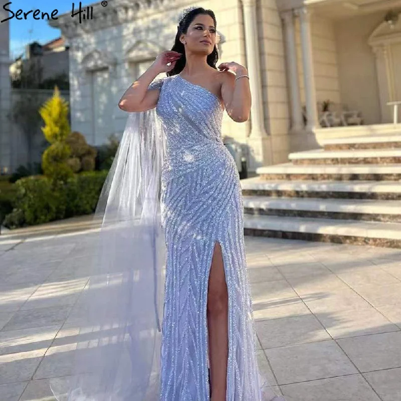 Evening dress with embroidery -Serene Hill Lilac High Split Mermaid Elegant Sexy One Shoulder Evening Dresses Gowns Luxury Beaded 2024 For Women Party LA71493