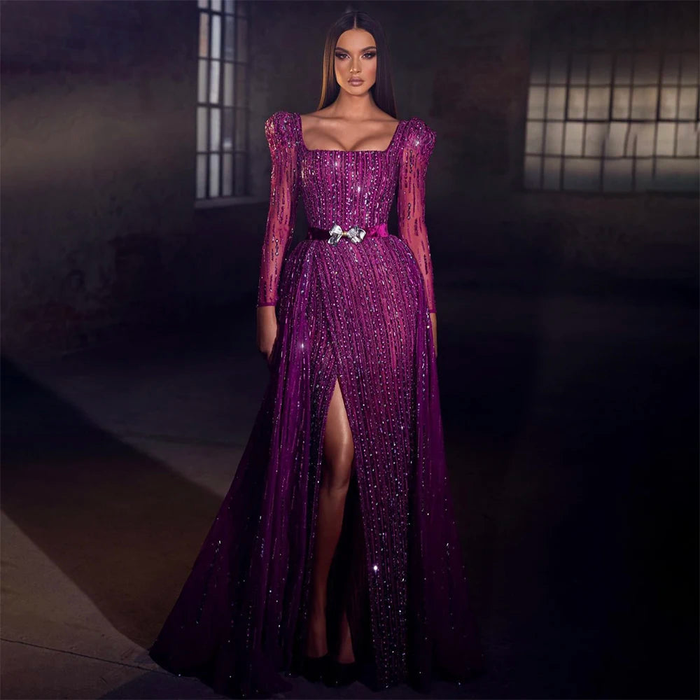 Evening dress with lace-up back -On Sale  no return no refundSerene Hill Luxury Dubai Fuchsia Evening Dresses for Women Wedding 2024 Long Sleeve Overskirt Arabic Formal Party LA71678