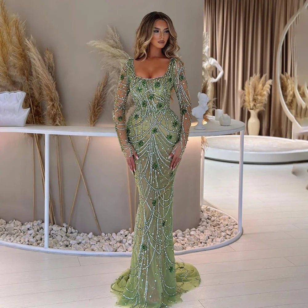 Evening dress with pearls -Serene Hill Luxury Dubai Green Mermaid Elegant Crystal Beaded Arabic Evening Dresses Gowns For Women Wedding Party 2024 LA72242