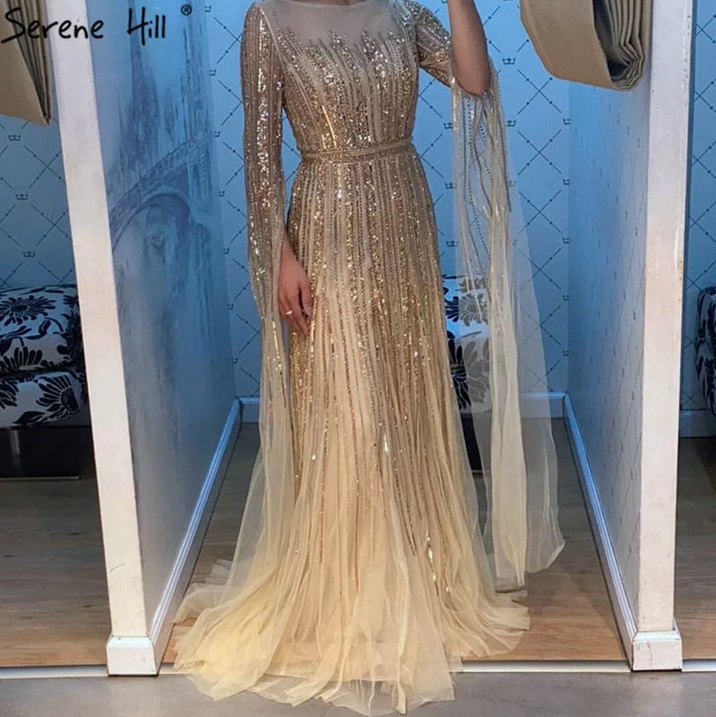 Black evening dress -Serene Hill Luxury  Gold  Beading A-Line  Cape Sleeves Evening  Gown For Woman Dresses 2024 Fromal Dress  LA70637