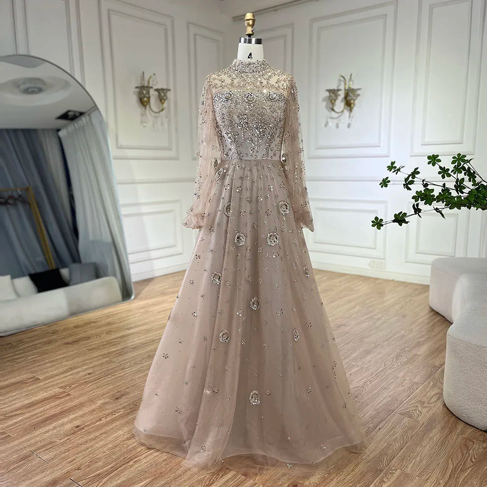 Evening dress for date night -Serene Hill Muslim Nude A-Line Beaded Luxury Elegant Dubai Long Evening Gown for Women - Wedding Party 2024 LA72594