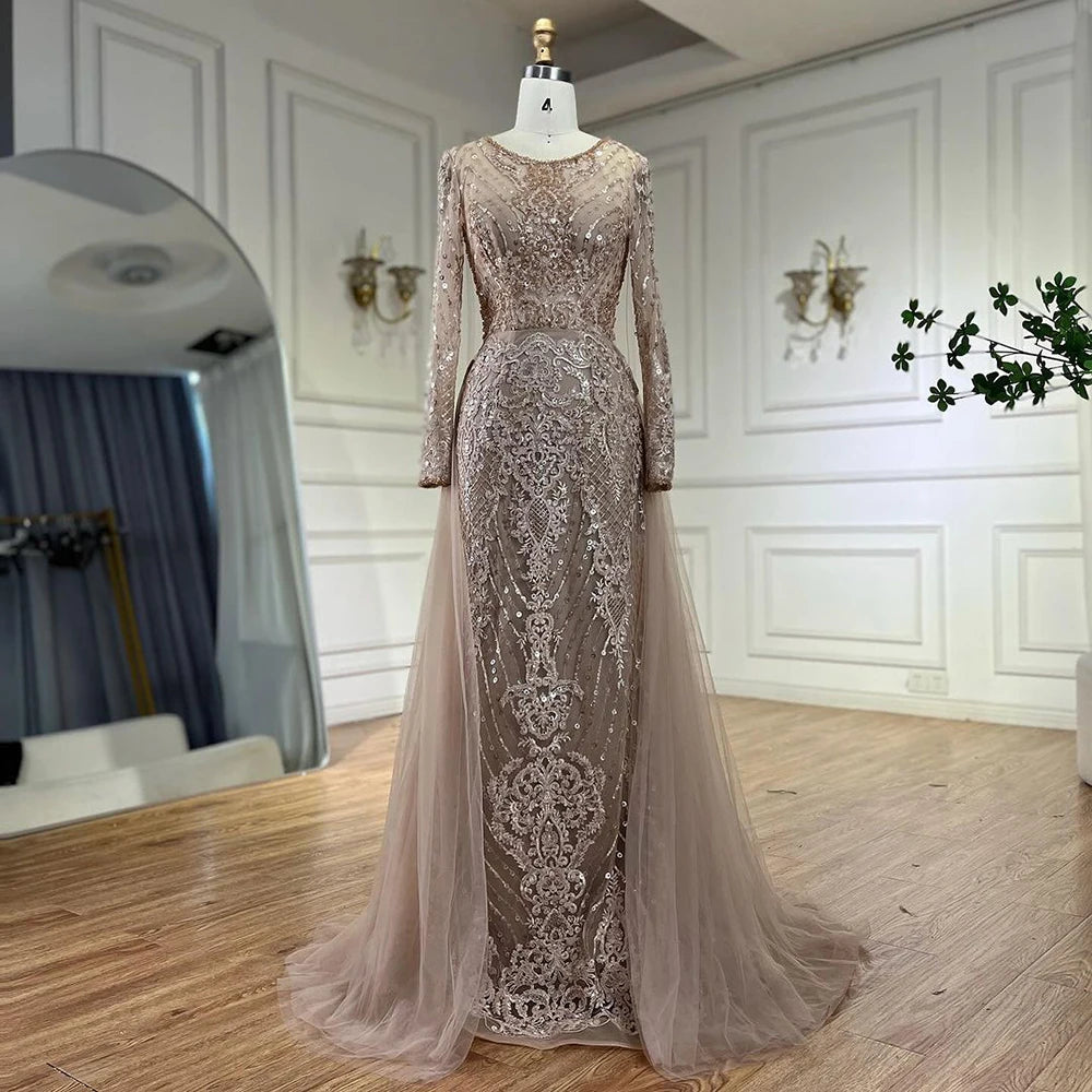 Evening dress for fancy dinner -On Sale  no return no refund Serene Hill Muslim Caramel Mermaid Evening Dresses Gowns 2024 Overskirt Luxury Beaded Elegant For Woman Party LA71558