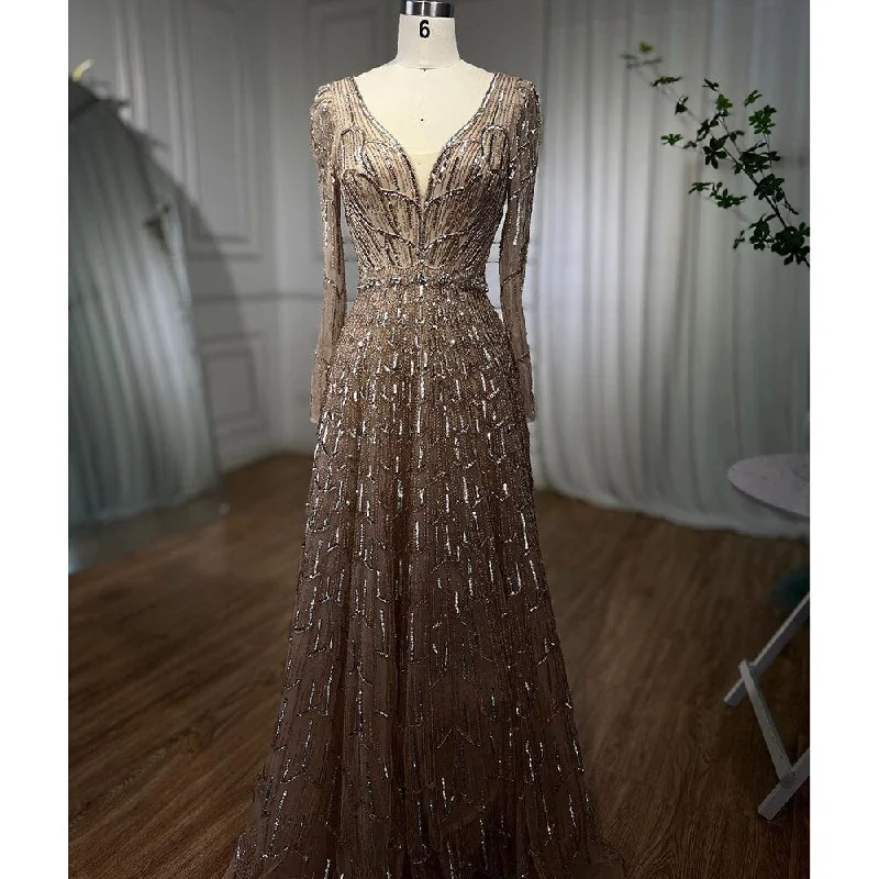 Evening dress with halter neck -Serene Hill Muslim Designer Luxury Caramel A Line V Neck Beaded Evening Dresses Gowns For Women Wedding Party 2024 LA71940