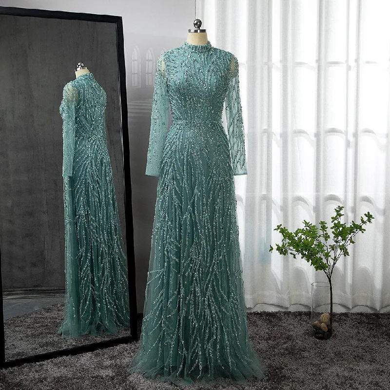 Evening dress with feather details -On Sale  no return no refund Serene Hill Muslim Gold Mermaid Elegant Luxury Evening Dresses Gowns High Neck Beaded 2024 For Women Party LA71682