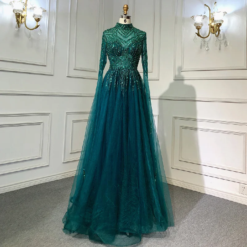 Evening dress for formal events -On Sale  no return no refund Serene Hill Muslim Green A-Line Luxury Beaded Evening Dresses Gowns 2024 For Women Party LA71640