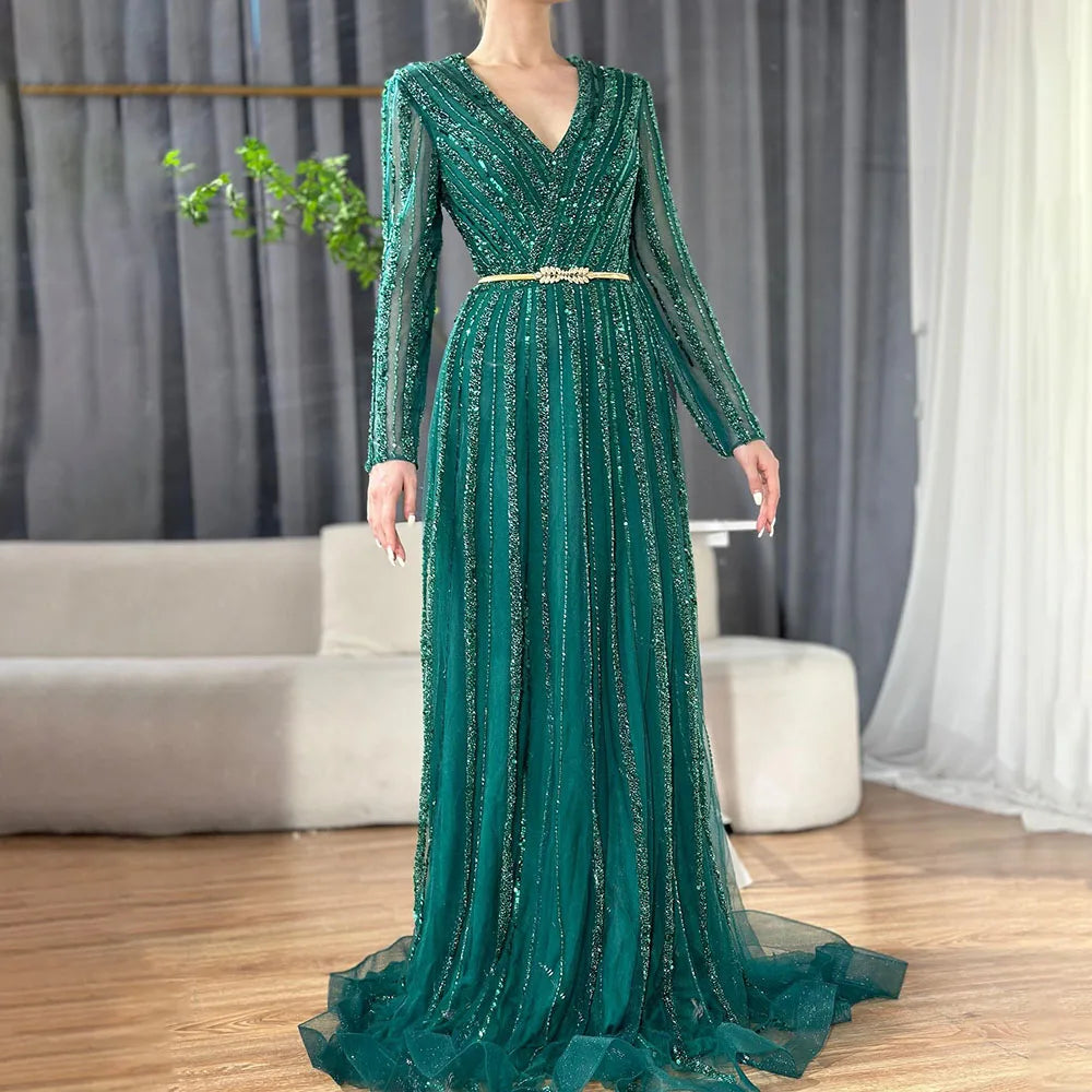 Evening dress for gala -Serene Hill Muslim Green Luxury Elegant Evening Dresses Gowns 2024 Long Sleeves Beading For Women Party LA70790