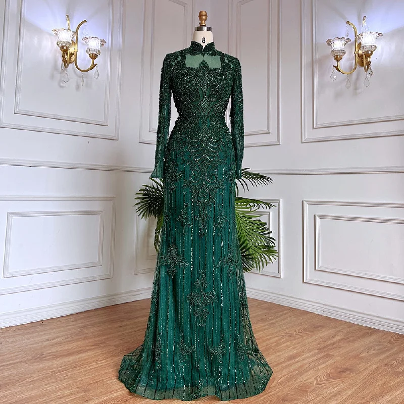 Evening dress for wedding -Serene Hill Muslim Green Mermaid Lace Beaded Crystal Luxury Dubai Evening Dresses Gowns For Women Wedding Party 2024 LA71983