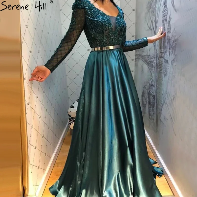 Evening dress with V-neck -Serene Hill Muslim Green Satin Evening Dresses Gowns 2024 Beaded A-Line For Women Wedding Party LA71252