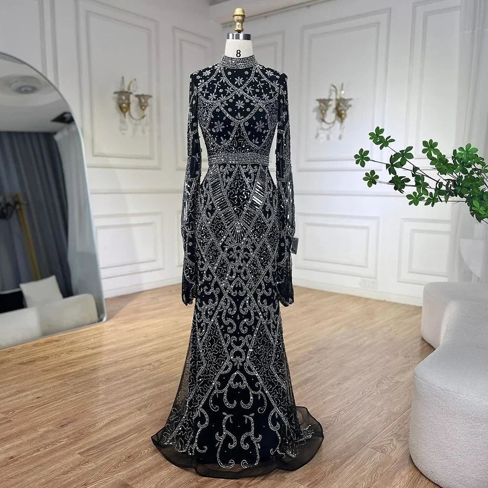 Evening dress for cocktail party -Serene Hill Muslim Grey Mermaid Elegant Nude Cape Sleeve Beaded Luxury Dubai Long Evening Dress 2024 Women's Party LA72316