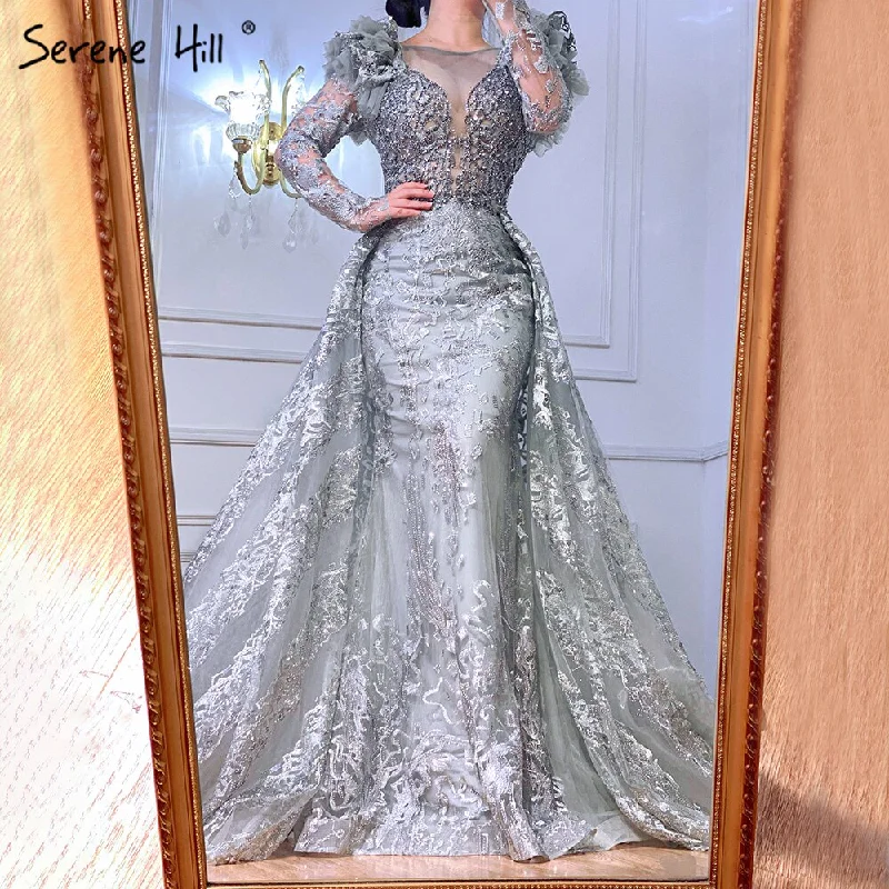 Evening dress with geometric patterns -On Sale  no return no refundSerene Hill Muslim Grey Mermaid Evening Dresses Gowns 2024 Lace Beaded Crystal With Overskirt For Woman Party  LA71172