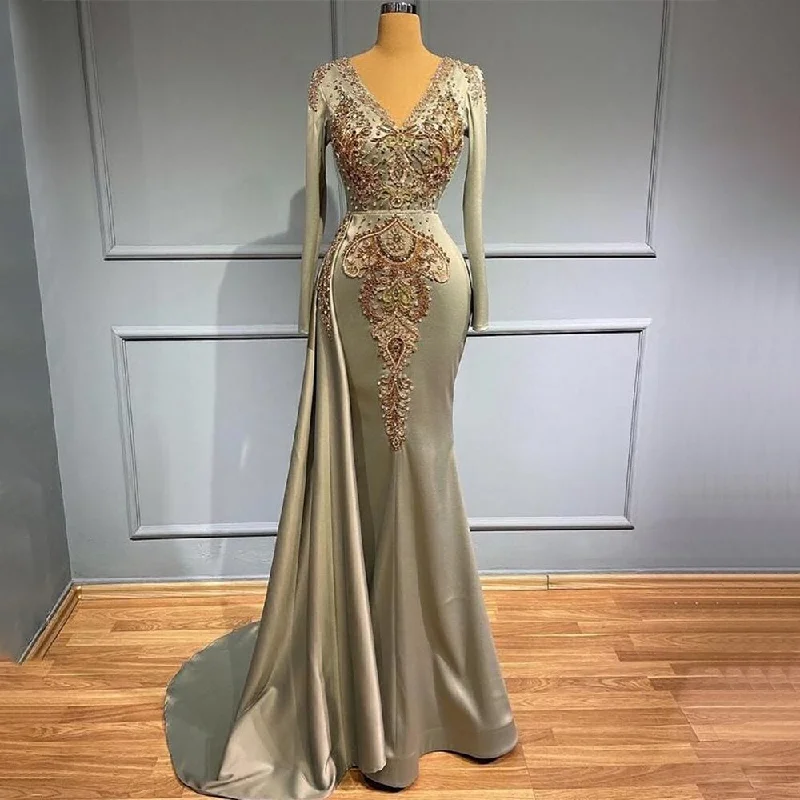 Evening dress with metallic finish -Serene Hill Muslim Mermaid Brown Overskirt Evening Dresses Gowns 2024 Luxury Elegant Beaded Satin For Women Party LA71529