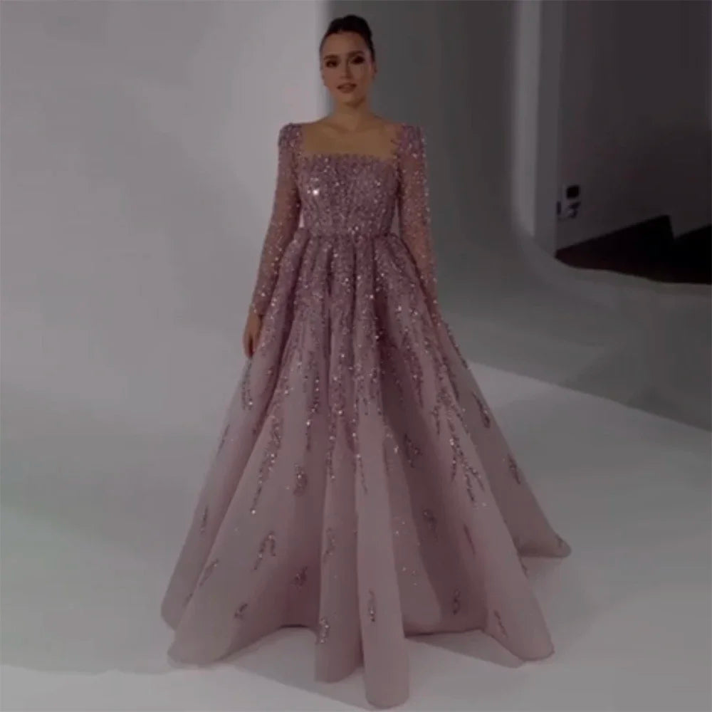 Evening dress for anniversary celebration -Serene Hill Muslim Pink A Line Beaded Luxury Dubai Long Evening Dresses Gowns 2024 For Woman Wedding Party LA71915