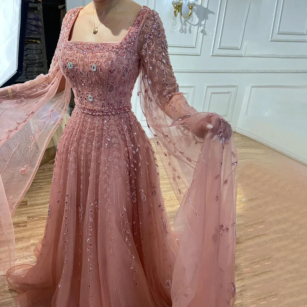 Satin evening dress -Serene Hill Muslim Pink A Line Square Collar Beaded Luxury Dubai Evening Dresses Gowns 2024 For Women Wedding Party LA71803A