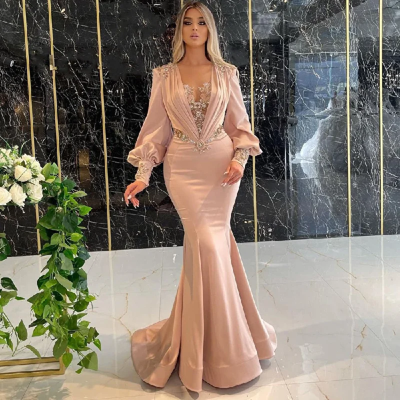 Silk evening dress -Serene Hill Muslim Rose Mermaid Evening Dresses Gowns 2024 Luxury Beaded Elegant Satin For Women Party LA71511