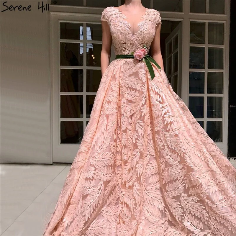 Chic evening dress -On Sale No Return No Refund  Serene Hill Peach Flowers Belt Evening Dresses Gowns 2024 A-Line Cap Sleeves Sexy For Women Party LA60771