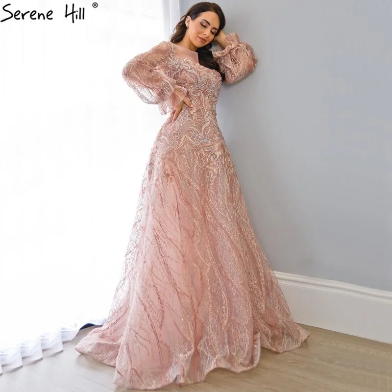 Evening dress with lace -Sale Serene Hill Pink A-Line Luxury Evening Dresses 2024 lantern Long Sleeves Beading Lace Formal Dress LA70676