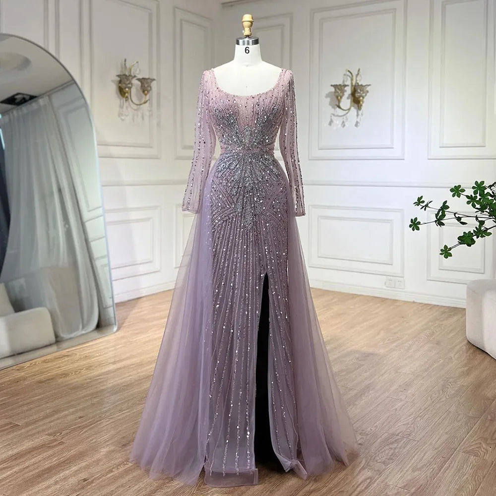 Evening dress with metallic finish -Serene Hill Pink Elegant With Overskirt Split Luxury Beaded Mermaid Evening Dresses Gowns for Women Wedding Party 2024 LA72431