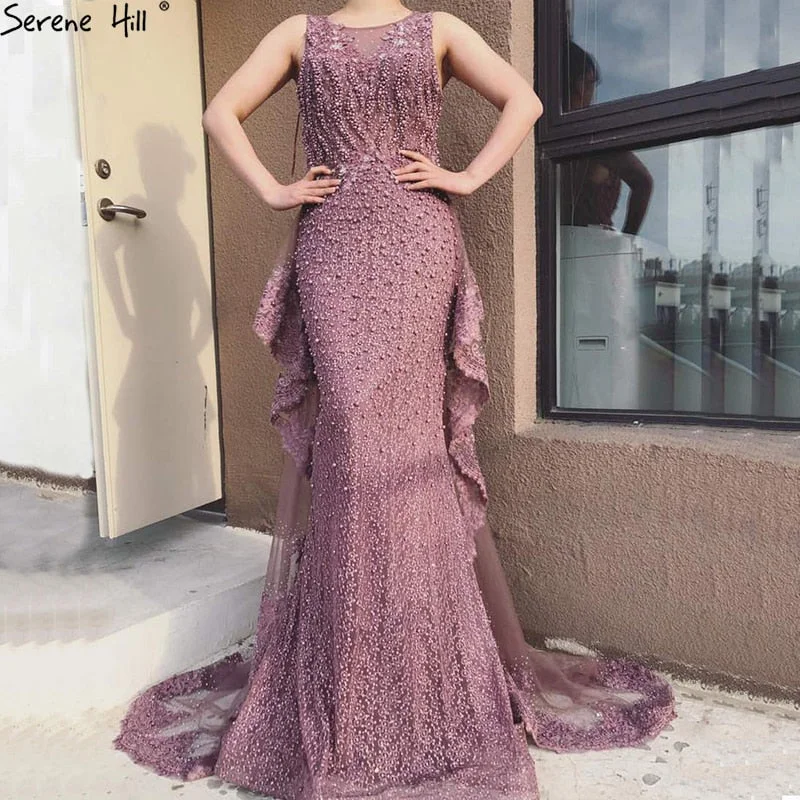 Evening dress with high neck -Serene Hill Pink Mermaid Elegant Sleeveless Sexy Evening Dresses Pearls Fashion Off Shoulder Gowns Luxury Beaded 2024 LA6527