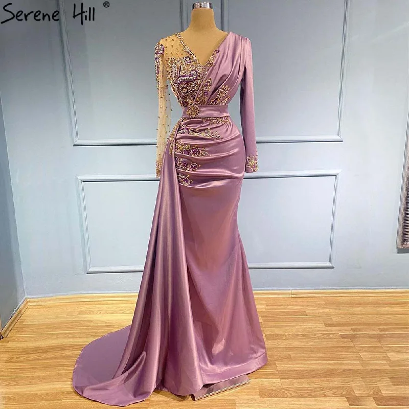 Bohemian evening dress -Serene Hill Purple Mermaid Satin Evening Dresses Gowns 2024 Elegant Beaded Luxury For Women Party LA71364