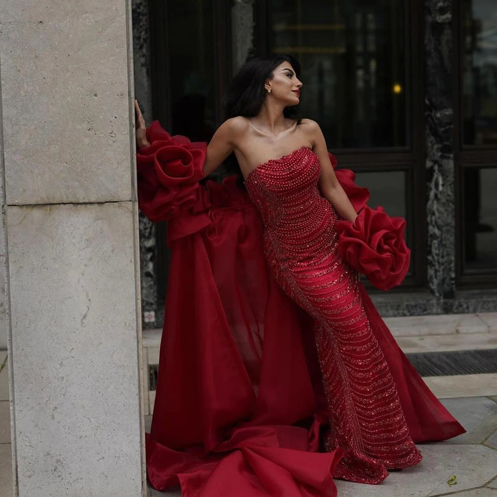 Evening dress with side pockets -Serene Hill Red Long Cape Mermaid Evening Dresses Gowns with Puff Sleeves Beaded Overskirt and Design for Women's Party LA72585