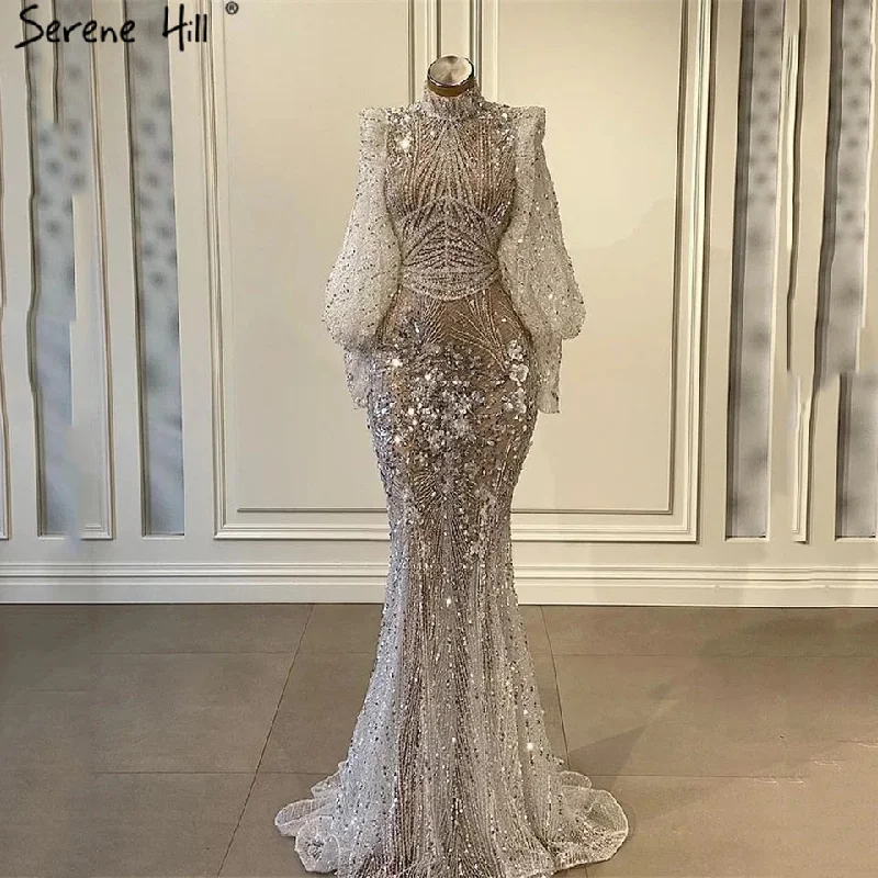 Evening dress with ruched bodice -On Sale  no return no refundSerene Hill Silver Mermaid Luxury Evening Dresses Gowns Full Sleeves Beaded Elegant 2024 For Women Party LA71036