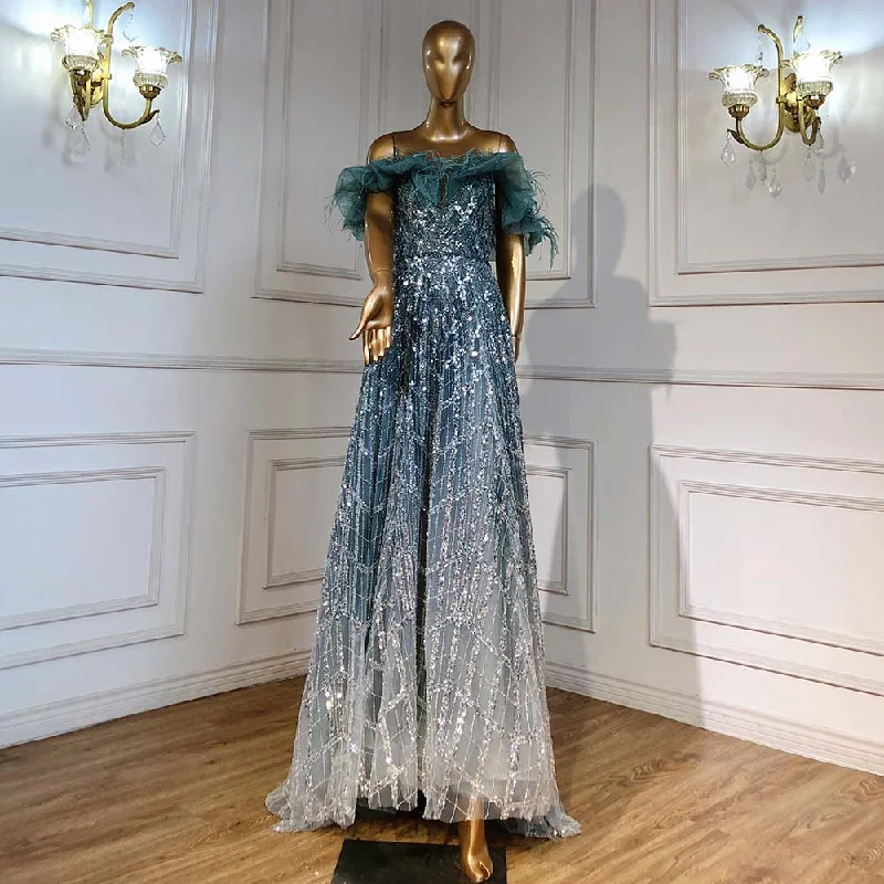 Evening dress with tiered skirt -On Sale  no return no refund Serene Hill Turquoise A-Line Luxury Evening Dresses Gowns 2024 Feather Beaded Sweetheart For Women Party LA71497