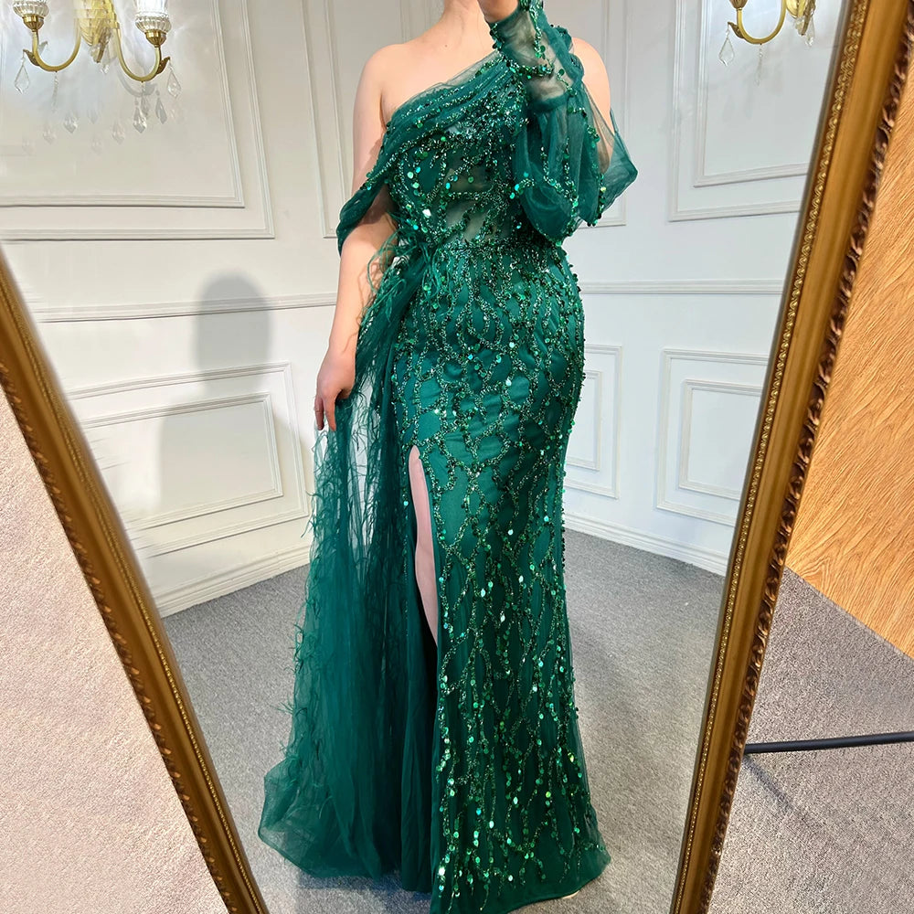 Evening dress with pleats -Serene Hill Turquoise Mermaid Overskirt Evening Dresses Gowns 2024 Luxury Beaded Elegant For Women Party LA71466