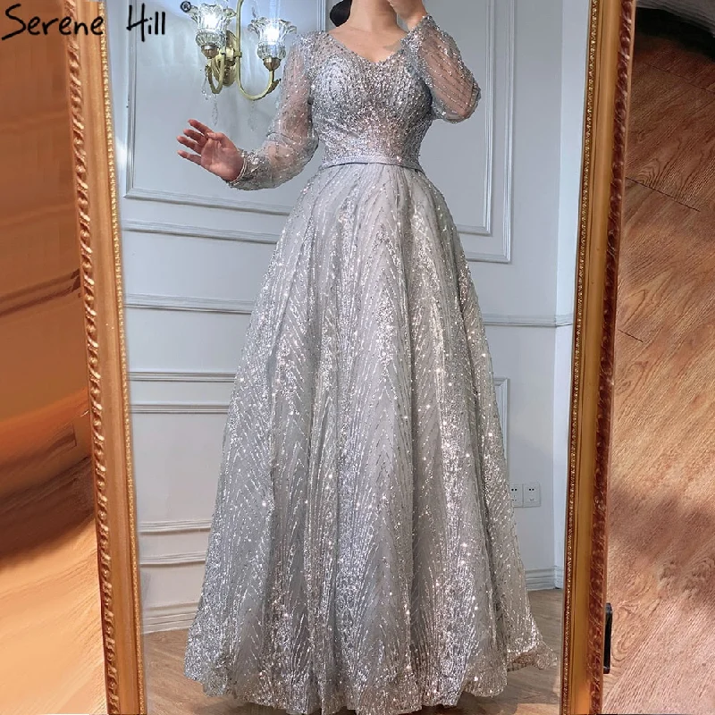 Evening dress for charity event -Serene Hill Ｍuslim Luxury Grey Evening Dresses Gowns 2024 A-Line Beading Long Sleeves For Woman Wedding Party LA70819