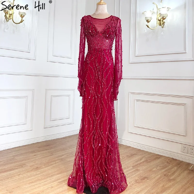 Evening dress with geometric patterns -Serene Hill Ｍuslim Wine Red Luxury Evening Dresses Gowns 2024 Mermaid Beaded Elegant For Woman Wedding Party LA71144