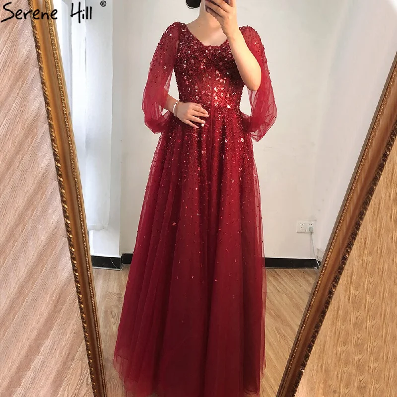 Evening dress with ruffled sleeves -On Sale No Return No Refund  Serene Hill Wine Red Luxury Evening Dresses Gowns 2024 A-Line Beaded Sexy For Women Party Dress LA70855