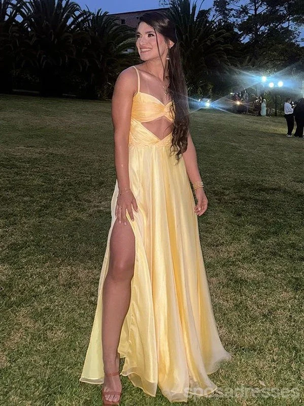 Evening dress with train -Sexy Yellow A-line Side Slit Long Party Prom Dresses Ideas,Evening Gowns,13699