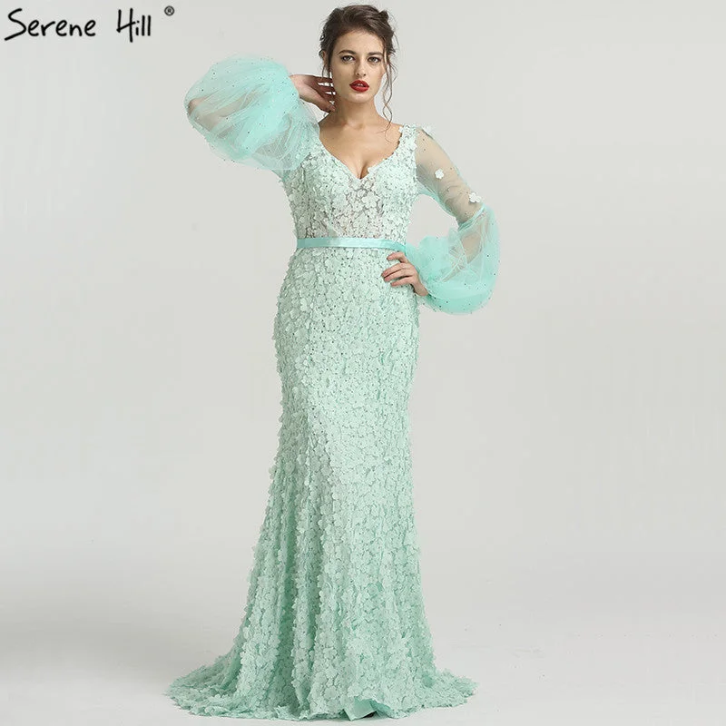 Bohemian evening dress -On Sale No Return No Refund  V-Neck Long Sleeves Mermaid Evening Dresses Flowers Pearls Fashion LA6514