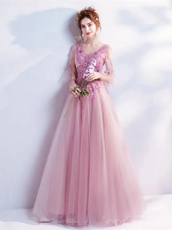 Evening dress with sweetheart neckline -A-line Applique V Neck Long Sleeves Prom Dresses, Sweet 16 Prom Dresses, 12472