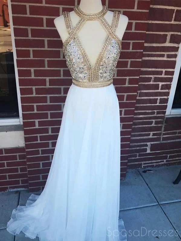 Silk evening dress -A-line Sleeveless Halter Rhinestone Prom Dresses, Sweet 16 Prom Dresses, 12476