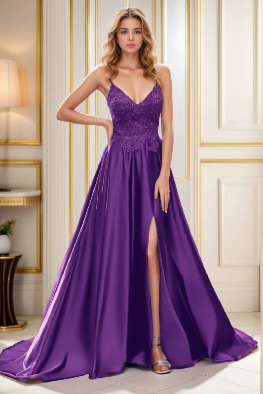 Evening dress with gold accents -A-Line Court Train Satin Prom Dress CS0460