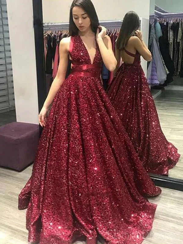 Evening dress with satin finish -A-line Deep V Neck Sleeveless Long Prom Dresses, Sweet 16 Prom Dresses, 12490