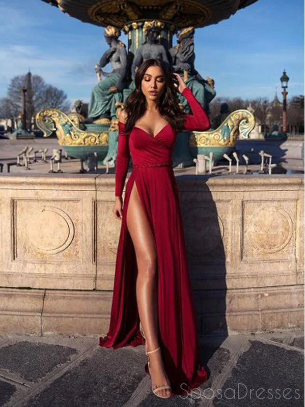 Bohemian evening dress -A-line Red High Side Slit Long Sleeves Prom Dresses, Sweet 16 Prom Dresses, 12391