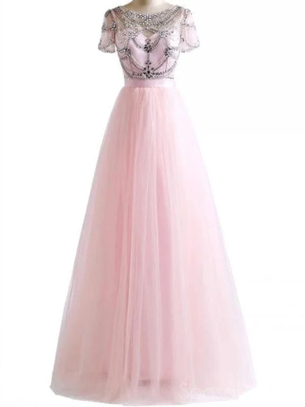 Evening dress with delicate lace trim -A-line Round Neck Short Sleeves Long Prom Dresses, Sweet 16 Prom Dresses, 12468