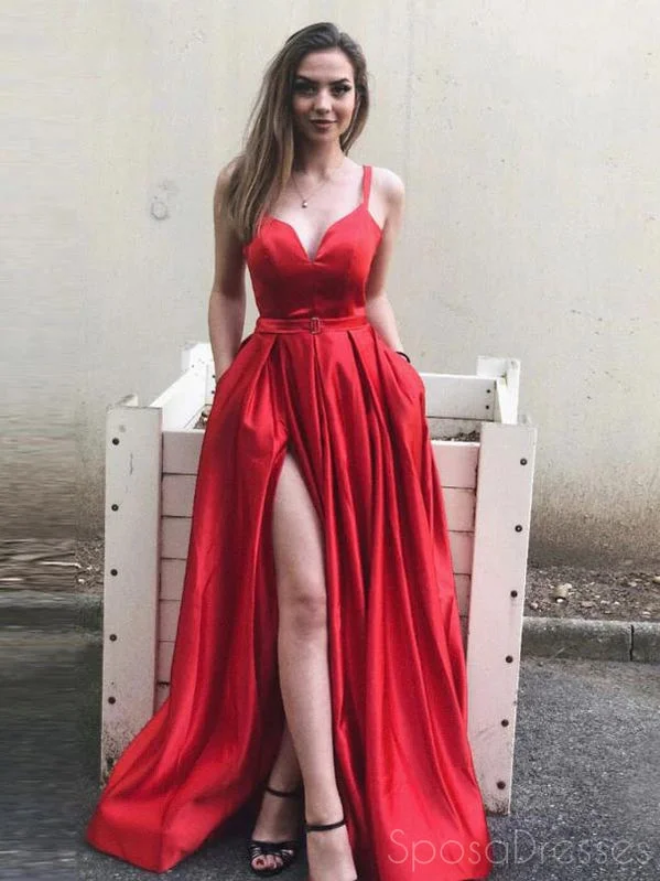 Evening dress for cocktail party -A-line Sleeveless V Neck Side Slit Prom Dresses, Sweet 16 Prom Dresses, 12440