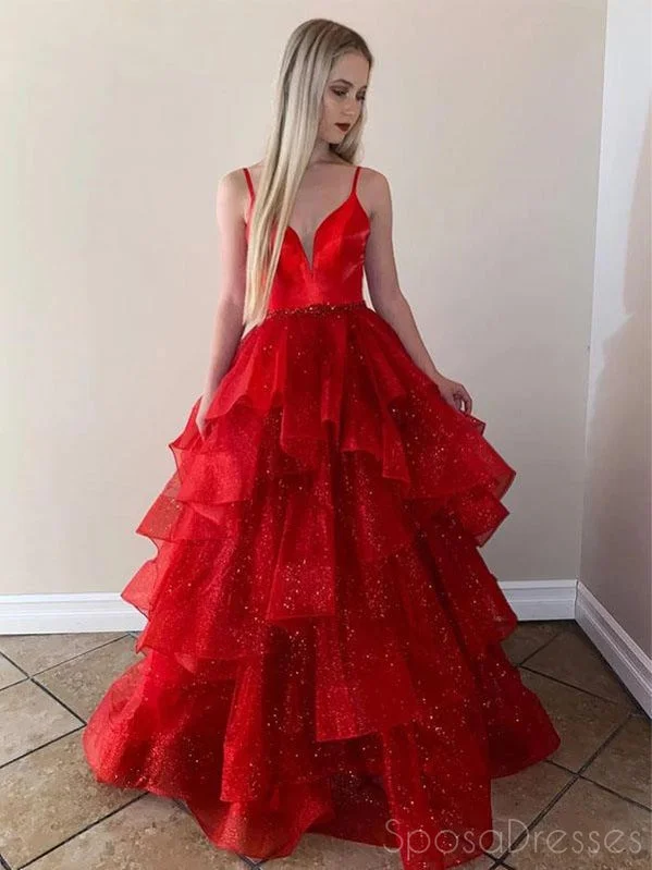 Evening dress with lace-up back -A-line Spaghetti Straps Red Long Prom Dresses, Sweet 16 Prom Dresses, 12509