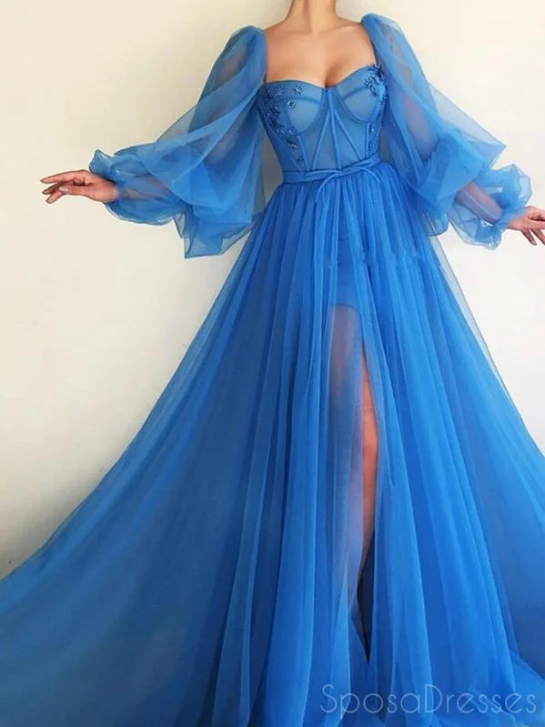 Strapless evening dress -A-line Tulle Long Sleeves Blue Long Prom Dresses, Sweet 16 Prom Dresses, 12439