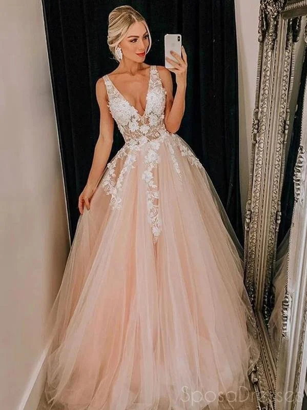 Evening dress for charity event -A-line Tulle V Neck Applique Prom Dresses, Sweet 16 Prom Dresses, 12506